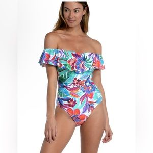 La Blanca Tropics of Tropez Off-the-Shoulder Ruffle One-Piece New